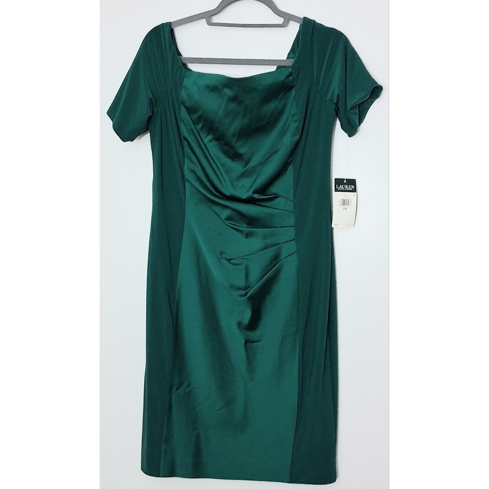 Lauren Ralph Lauren Dress 14 Shift Emerald Green Back Zip Lined Short Sleeve NEW